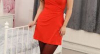 Layered-Nylons Frankie L in a red minidress with pantyhose and stockings