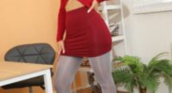 Layered-Nylons Paige F in a red minidress and high heels