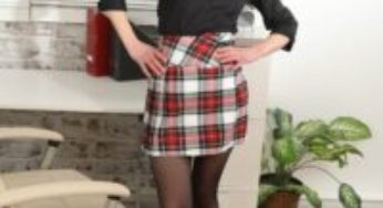 Only-Secretaries Freya H in a plaid miniskirt and black pantyhose Copy