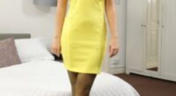 Layered-Nylons Lucy Ava in a yellow minidress and high heels