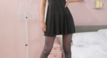 Layered-Nylons Daisy Rose in a minidress with pantyhose over stockings