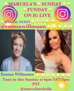 Marcela Alonso Welcomes Stand-Up Comic/Actor Emma Willmann to #SundayFunday this Sunday, January 30 on Instagram Live