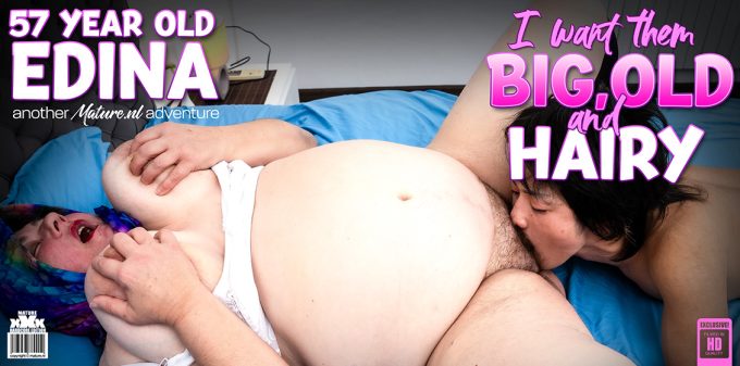 Big tits, hairy and BBW 54 year old Edina gets her horny way with her younger exchange student Edina, Koudai