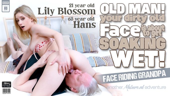 Dirty old grandpa gets his face soaking wet by the hot 21 year old face sitting babe Lily Blossom Lily Blossom, Hans